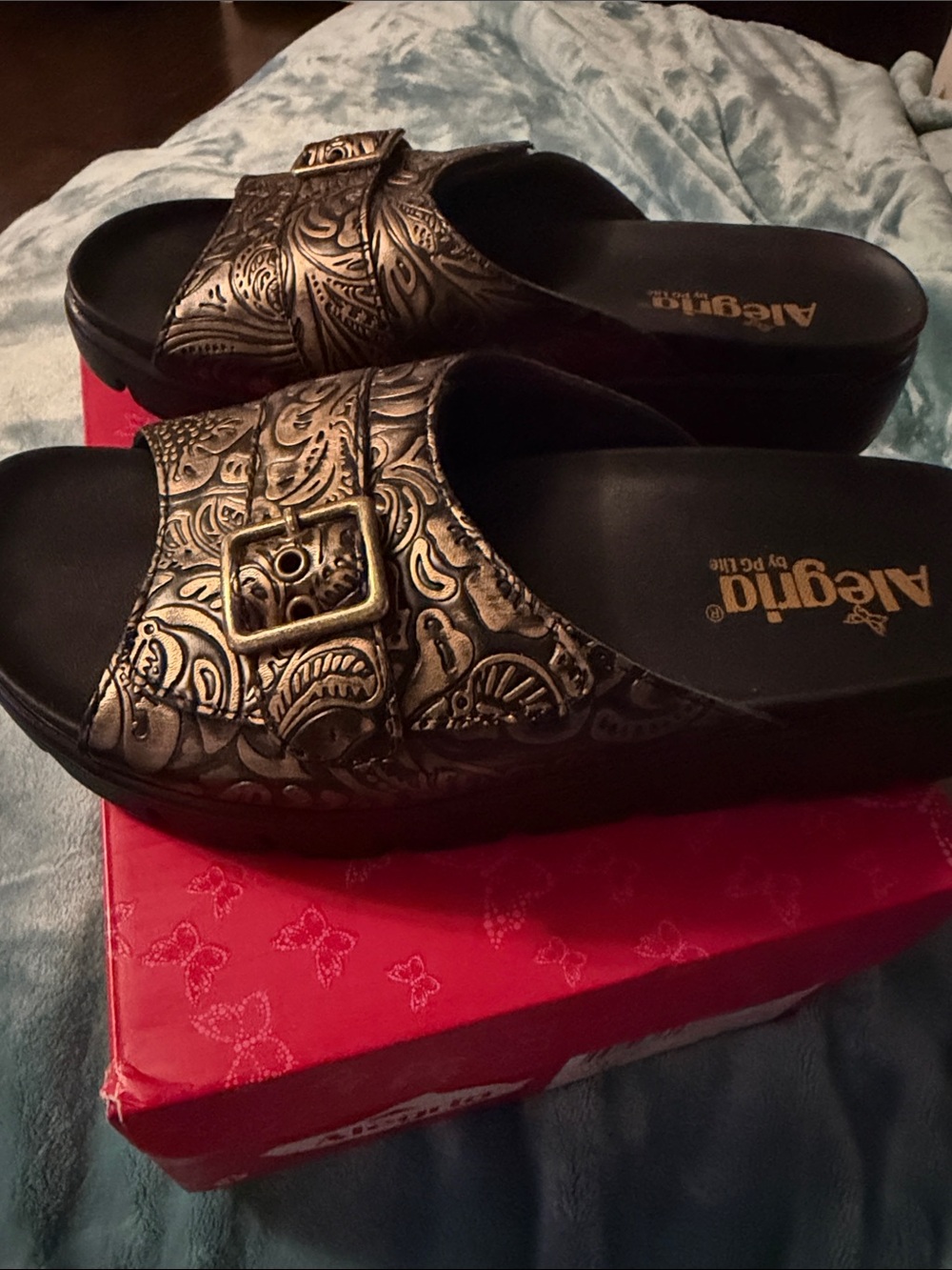 Alegria Bronze Embossed Buckle Slide Clogs